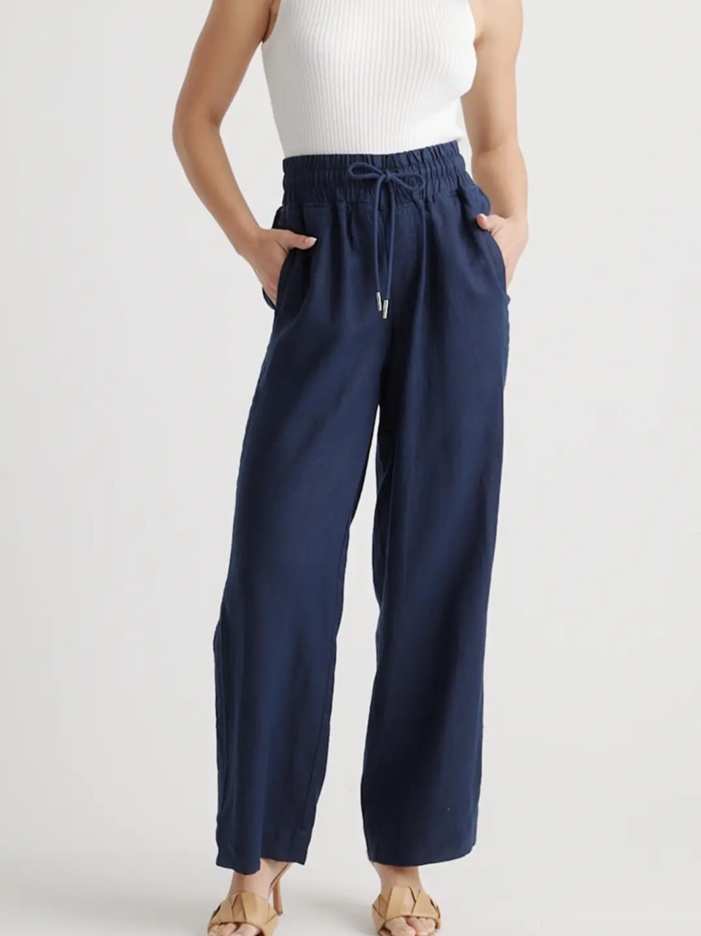 QUINCE 100% European linen wide leg cropped pants navy blue size small